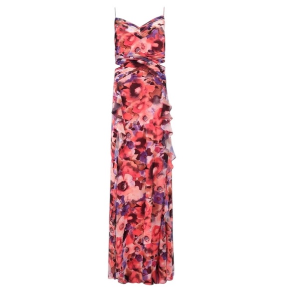 FRANK LYMAN WATERCOLOR FLORAL DRAPED MAXI DRESS, - Picture 3 of 9